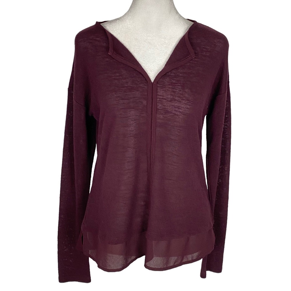 SANCTUARY Women Semi Sheer Long Sleeve VNeck Lightweigh Sweater Sz M Maroon 2-24